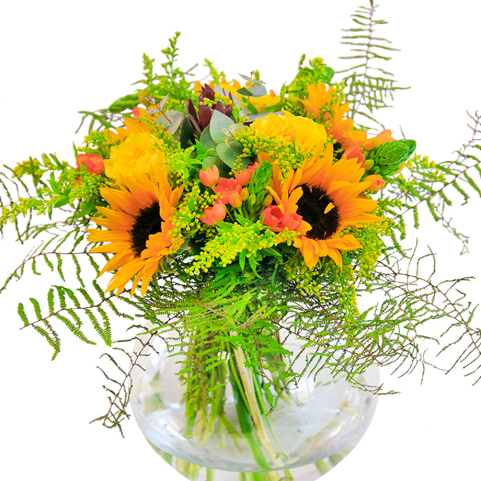 The very essence of a sunlit Radlett morning is captured in this vibrant bouquet, where dazzling sunflowers and soft yellow garden roses harmoniously nestle together inside a clear, round glass vase. The sunflowers' broad, golden petals encircle their richly textured, dark centers, giving the arrangement a radiant centerpiece reminiscent of local meadows blossoming in peak summer. Between these, the roses offer a gentle elegance, their countless petals forming intricate spirals that invite touch and admiration. Scarlet hypericum berries glisten amidst a canopy of lush greens, their playful colour a nod to the lively markets that bring the community together each week. Delicate fern fronds and airy filler flowers, possibly goldenrod, add movement, while sprays of eucalyptus and other textured greens evoke Radlett's leafy lanes. The water inside the vase catches light, illuminating the stems and enhancing the bouquet's freshness. Up close, the tactile richness is unmistakable-from the velvety touch of sunflower petals to the crispness of every green leaf. The bouquet radiates cheerfulness and hope, making it the ideal choice for commemorating joyful moments-a birthday brunch, an anniversary dinner, or simply brightening a kitchen overlooking Newberries Avenue. Each element, thoughtfully composed, celebrates both nature's abundance and the artistry of Radlett's trusted local florists.
