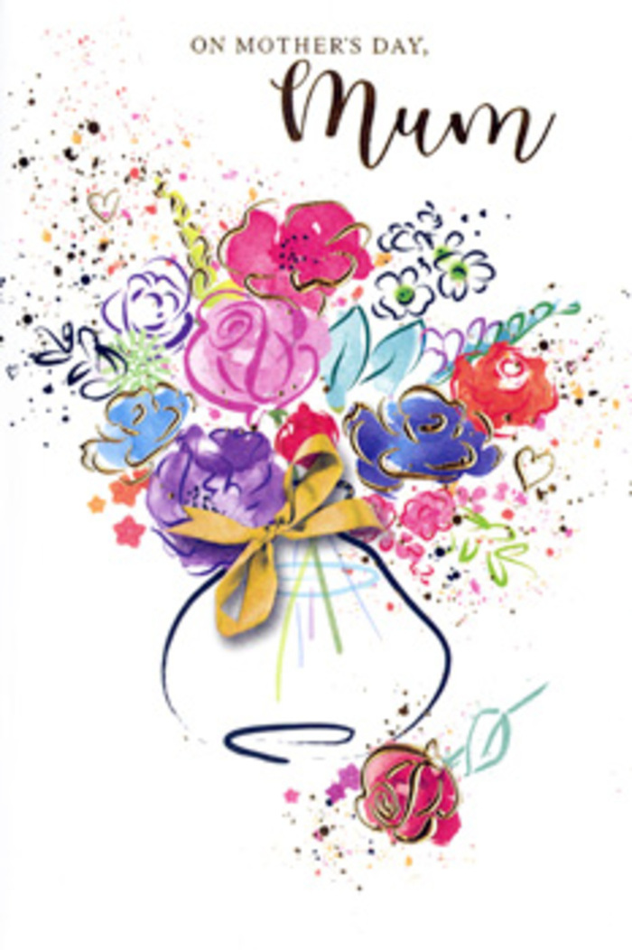 Colour dances across the page in this exuberant Mother's Day card, each bloom painted with the sweep of an attentive hand. Dabs of hot pink, deep cerise, indigo and soft apricot layer over chartreuse hints of foliage, suggesting a lively variety of blossoms gathered as if from a sunlit verge near Aldenham Country Park. Little gold accents trace petal edges and leaf ribs, as though the painter has picked out the quiet, intangible glow of a mother's hug and pinned it with gilt thread. The composition feels like a florist's sketch-loose, expressive strokes that still read as intentional artistry-where playful splatters and heart-shaped marks orbit the central bouquet, adding the sense of laughter and the easy imperfection of real life. A whimsical vase anchors the scene; its curves are hinted with warm shadow and finished with a neat golden bow that nods to traditional gift-giving. Texturally, the card juxtaposes airy, translucent washes with concentrated pigments and metallic highlights, inviting touch and close inspection. Light seems to settle gently from the upper left, giving depth to indigo outlines and making the magenta and lavender hues glow. This card would sit naturally beside a hand-tied bouquet from a local Radlett florist or be the tender accompaniment to flowers collected after a stroll down Watling Street, offering gratitude, celebration, and the kind of remembering that lingers like scent in a kitchen doorway.