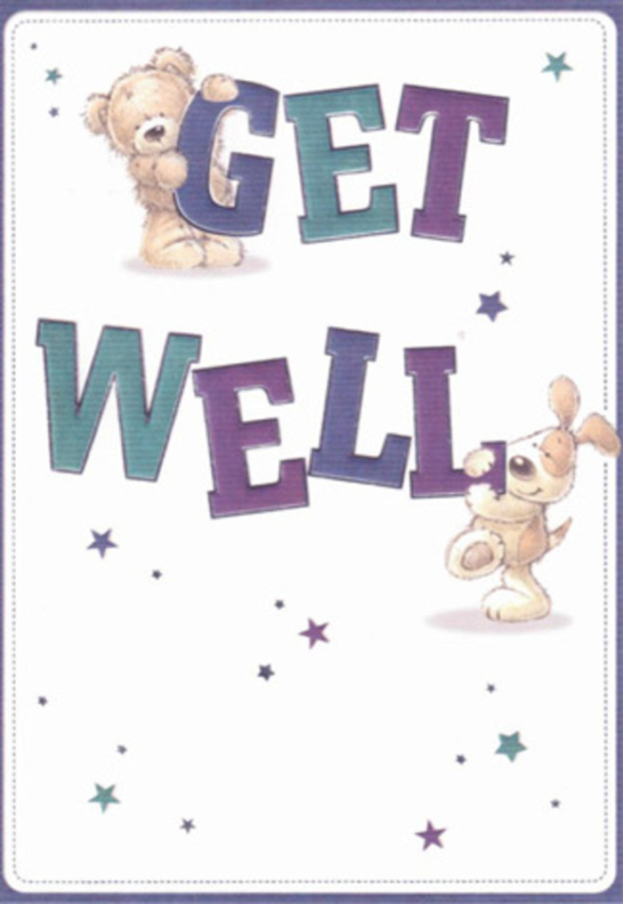 This heartwarming get well card brings a wave of cheerful encouragement, perfectly suited for lifting spirits here in Radlett. Friendly illustrations reveal a tender scene: an affectionate bear and a floppy-eared puppy, each with a gentle smile, surround the phrase 'Get Well' in bold, generous typography. The letters themselves are painted in luminous shades of purple, teal, and periwinkle, their rounded forms exuding reassurance and delight, much as you'd find in a thoughtfully arranged bouquet by the local Flowers Radlett team. Dancing around the central pair, playful starbursts in varying blues, lavenders, and shimmering gold seem to scatter good wishes into the air-echoes of the kindness shared along the high street or by Phillimore Recreation Ground. There's an almost tactile softness to the illustration, with the bear's fur appearing especially plush and the puppy's velvet ears rendered so realistically you can nearly feel their textured warmth. The clean, creamy background infuses the card with a sense of clarity and calm, qualities that bring extra comfort during recovery. Sending this card is like offering the gentle fragrance and colour of freshly delivered blooms; it's a radiant expression of care, designed to uplift, soothe, and remind your loved ones in Radlett of their community's steadfast hope and support.