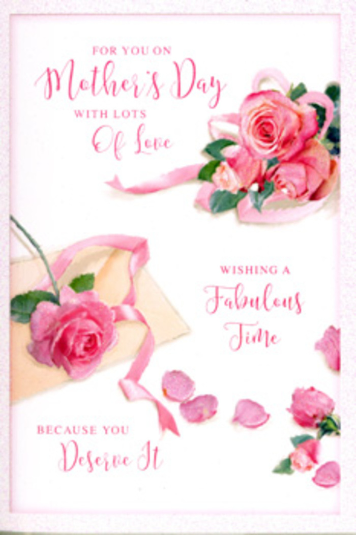Viewed through a florist's eye, this Mother's Day card is a carefully composed flat-lay of romance and gratitude, reminiscent of the delicate arrangements often seen in Radlett homes where flowers are part of everyday life. The card's background is a soft, light tone that allows every petal to stand out, almost like petals resting on freshly pressed linen. At one corner, a trio of large, fully opened pink roses forms a focal bouquet, their petals layered in spirals from tight centres to relaxed, ruffled edges. Around them, smaller rose heads and numerous loose petals are scattered like confetti after a celebration, adding a playful, spontaneous touch to the otherwise serene scene. A pastel ribbon meanders gracefully through the composition, weaving under and over the floral elements, its gentle curves echoing the natural curl of the petals. The hand-lettered message is written in fluid script, with letters that look as though they were drawn in a single breath, wrapping around the blooms with affectionate ease and hinting at words of love, appreciation, and a wish for quiet indulgence. The lighting is soft and even, with a warm undertone that feels like morning light filtering into a Radlett kitchen where a fresh arrangement sits on the table. Although you cannot see stems or a vase, there is a strong sense of floral craftsmanship here-the careful placement of each blossom, the balance of colour and empty space, and the suggestion that these roses are as fresh and thoughtfully chosen as any bouquet delivered across Radlett for Mother's Day, turning simple paper into a gentle, heartfelt embrace.