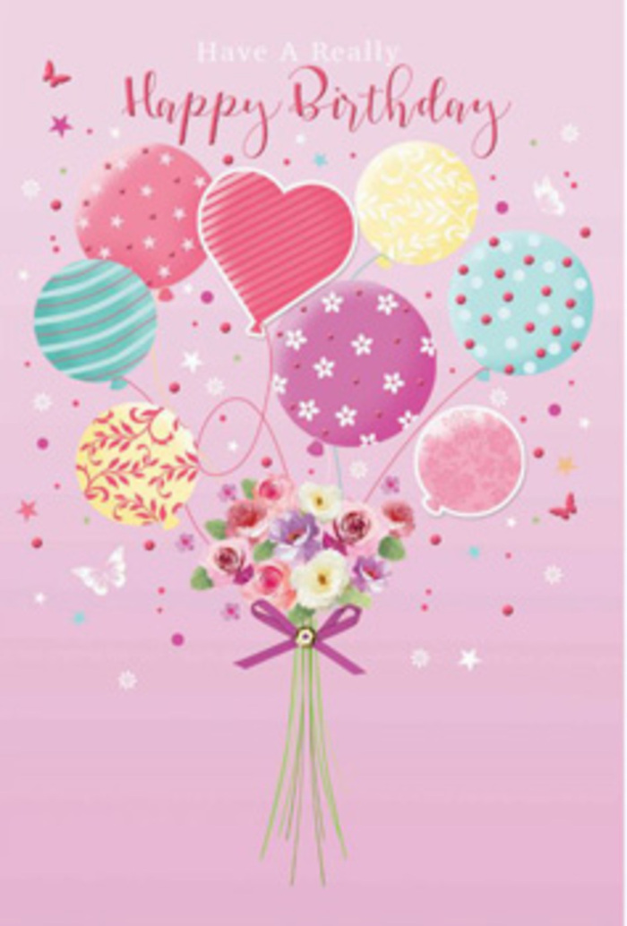 This birthday card artwork feels like a small celebration floating above Radlett, turning a simple greeting into a dreamy scene of balloons and flowers. The background is a soft, powdery pink that sets a tranquil tone, reminiscent of early morning skies over local gardens near Watling Street. Rising from the base, a cluster of pastel balloons appears weightless, each one softly rounded and luminous. Their colours - pale sunshine yellow, rosy fuchsia, seafoam green, and lavender - blend beautifully, like the mixed petals in a thoughtfully selected bouquet. Every balloon carries its own delightful detail: swirling ribbons in candy stripes, scattered polka dots that bounce playfully across the surface, and petite floral motifs that mimic the blossoms below. Grounding the design, yet still feeling airy, is a hand-tied bouquet of fresh flowers. Petite roses and daisy-like flowers cluster together, petals shaded gently from cream to blush, with touches of mauve and rose pink that look as if they've just opened with the first light of day. The imagined scent is softly sweet, like passing a Radlett front garden in full bloom after the rain. A glistening purple bow ties the stems, its rich colour adding a touch of sophistication. Around the bouquet, tiny butterflies and scattered stars seem to hover, lending an almost storybook charm, like a magical moment paused in time. The composition speaks of gentle jubilation and affectionate wishes, evoking the warmth of a locally chosen birthday surprise, ready to delight someone celebrating at home, in a favourite café, or gathering with friends in and around Radlett.