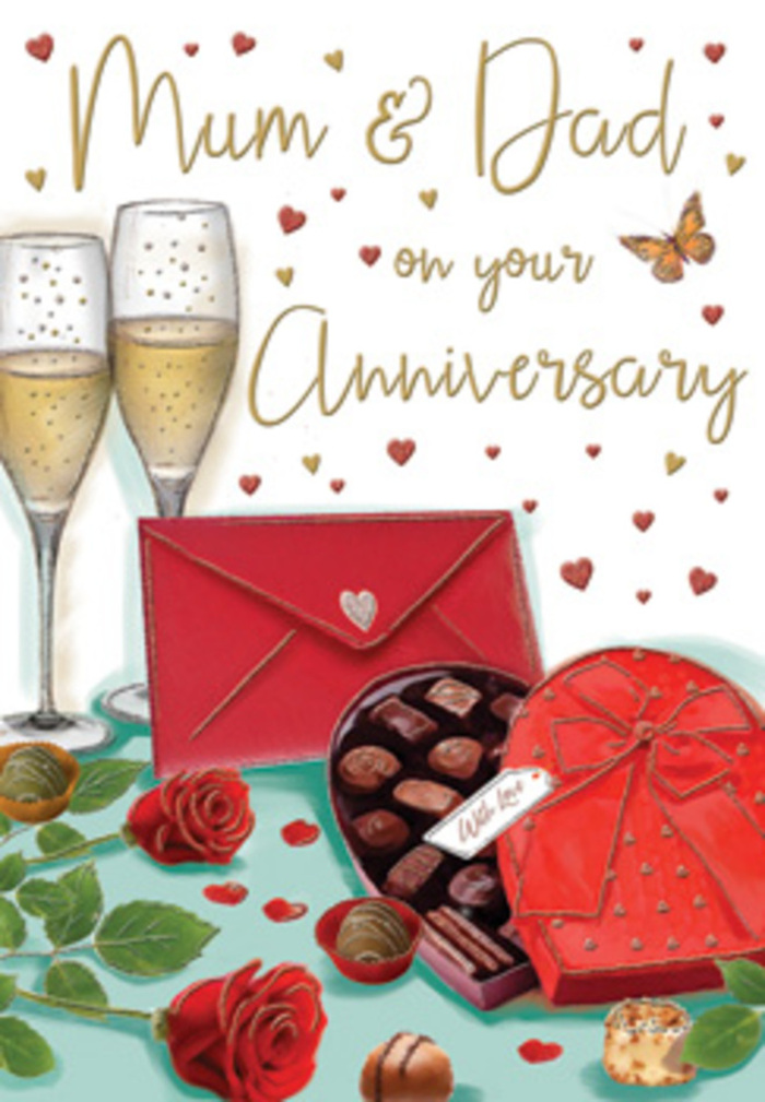 The illustrated anniversary card captures a sumptuous, romantic still life that feels perfectly suited to celebrating devoted parents in Radlett. At its heart, two champagne glasses stand close together, each filled with a pale golden drink effervescent with tiny bubbles. Their slender stems and rounded bowls glint under a warm, inviting light, suggesting that a toast to Mum & Dad is moments away. Positioned just in front is a lavish heart-shaped chocolate box, its rich red surface finished with a luxurious satin bow knotted generously at the top. The lid is open, revealing a selection of smooth chocolates inside, while a few tempting pieces rest on the surface below, as if someone has already begun to savour the celebration.
To one side of this indulgent scene, a pair of deep red roses lies gracefully on the table, their petals full and velvety, just like roses freshly arranged by a skilled florist serving homes off The Ridgeway. The roses are surrounded by lush green leaves, their tones balancing the passionate crimson with a natural, calming freshness. Floating around the central elements are tiny red and gold hearts, softly scattered like confetti on an anniversary table, framing the hand-lettered greeting for loving parents. A scarlet envelope rests nearby, carefully sealed, hinting at private words of love and thanks written by a son or daughter who grew up near Radlett's leafy lanes. The soft glow across the glass, ribbon, and petals creates a sense of evening warmth, recalling family dinners, shared stories, and the quiet pride of a couple who have built a life together. It's an image that turns a simple card into a moment of shared memory and gratitude.