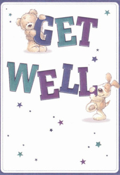 On this charming get well card, comfort and optimism flow in abundance, much like the friendly exchanges in Radlett's local cafés or along Shenley Hill. Designed with playful finesse, a cuddly teddy bear clutches the top of the bold word 'GET', its furry form shaded in soft, honey browns and creamy highlights, while a floppy-eared puppy joyfully nuzzles the base of 'WELL', its tail poised in a gesture of companionship. Both figures wear expressions of warmth and genuine care, echoing the nurturing touch that goes into every hand-arranged bouquet at Flowers Radlett. Brilliant, oversized block letters in deep amethyst and cool teal jump from the crisp white background, creating a vibrant, uplifting contrast reminiscent of fresh hydrangeas and irises delivered on a sunny morning. Tiny stars, scattered throughout in hues of blue, lilac, and gold, offer glimmers of hope and a sense of magical encouragement, perfectly suited for wishing a neighbour or loved one a speedy recovery. The scene conjures the feeling of placing each bloom with intent and artistry-a careful, loving gesture to brighten the day. Whether given together with a radiant bouquet or sent as a standalone gesture, this card's lightness and genuine warmth bring a little piece of Radlett's caring community spirit right to someone's bedside.
