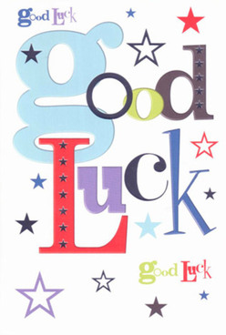 This good luck card, often chosen by Radlett florists as a thoughtful companion to a fresh bouquet, exudes confident optimism with every detail. The oversized, pastel-blue 'g' instantly draws the eye, followed by energetic reds and sophisticated purples that lend both gravity and delight. Stars, painted in gradients of inky navy, warm indigo, and gentle lavender, seem to have drifted across the white canvas from the open parks near Battlers Green, adding a magical dimension to the design. Each letter is carefully shaped, its placement intentionally joyful, as if spelling out hope for whatever lies ahead - from new beginnings on Watling Street to farewells at the train station. The surface feels pleasingly smooth, its weight offering the tactile comfort of something meant to be held and cherished. This card captures the essence of anticipation shared before a milestone event, infusing every handwritten wish with the warmth of local support, as if luck really is waiting to unfold under Radlett's wide, starry skies.