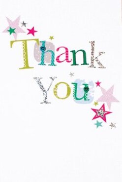 This thank you card channels delight much like an unexpected bouquet sent to a friend in Radlett after a sunny woodland walk. The words 'Thank You' unfurl across the front in a parade of lively colours-a patchwork of lime, magenta, teal, and silver, each letter uniquely adorned with delicate dotted patterns, shimmering accents, or whimsical stitching. It feels as if the joyful creativity of a child's art class at Newberries Primary has been painted onto every part. Around these joyful letters, clusters of multicoloured stars-radiant pink, turquoise, and sparkly gold-drift and twirl, reminiscent of confetti floating after a garden fête on a warm evening. There's a subtle texture to the card's surface, and the slightest glint from the silver letters catches the ambient light, enhancing the sense of a handcrafted treasure. The immaculate white background allows each playful aspect to shine, evoking clarity and space-much like the wide open fields around Radlett. You can easily imagine this card come tucked beside a hand-tied bouquet, ready for same-day delivery round Shenley Road, the two together sending a message that feels both celebratory and sincerely personal, crafted with care by local florists who understand the rhythms and joys of Radlett life.