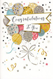 In this image, a sophisticated congratulations card stands as a little scene of festivity, as if someone has captured the feeling of a Radlett celebration and pressed it onto smooth cardstock. A generous bunch of balloons lifts from the lower part of the card, rising in a gentle arc. They are softly rounded and slightly overlapping, painted in harmonious shades of gold, silver, champagne, sky blue, blush pink, and pale grey. Each balloon is embellished with its own delicate design-fine stripes, tiny scattered stars, and subtle glittering accents that mimic the look of foil and sparkle under imagined light. Their bases gather into a single point, from which slender ribbons unfurl in graceful curls of metallic gold and silver, echoing the trailing ties you might see on a bouquet delivered to a Radlett doorstep. All around this central cluster, the background is sprinkled with small stars, dots of confetti, and looping swirls, suggesting motion and the carefree happiness of a party in full swing. A refined banner stretches across the centre of the card, carrying the phrase Congratulations To You in elegant, flowing script that adds a sense of occasion and sincerity. The colours are soft yet glamorous, the overall tone one of polished joy, perfect for graduations, promotions, exam successes, or any cherished milestone. Crafted with the same attention to detail a local florist brings to arranging roses and lilies, this card would pair beautifully with fresh flowers sent across Radlett, amplifying the feeling of pride, affection, and shared celebration that comes with a job well done.