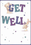 Radiating warmth and optimism, this illustrated get well card features two beloved friends-a teddy bear and a puppy-who spring joyfully from the soft, creamy white background. The bear, drawn with downy tan fur and bright eyes, steadies the top of the word 'GET', while the velvety-eared pup perches playfully near 'WELL', their expressive faces glowing with affection and encouragement. Vivid block letters in indigo and teal give the card an energetic, inviting presence, echoing the lively hues of delphiniums or violets you might spot in gardens around Radlett or Abbot's Road. Sprinkled across the scene, twinkling stars in shades of ultramarine, purple, and gentle gold add a sense of childlike wonder and hopeful reassurance. The texture of the illustrated fur is so lush and soft, you can almost imagine gathering these friends into an embrace-an emotional salve for anyone on the road to recovery. Every detail, from the confident typography to the sparkling accents, is chosen with the attention and empathy of an expert florist preparing a comfort bouquet for local delivery. The result is a card that brings genuine cheer and heartfelt support, perfect for reminding loved ones in Radlett that healing comes with warmth, kindness, and the shared glow of community care.