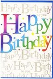 A vibrant birthday card fills the frame, its design overflowing with the sort of upbeat charm you might associate with a cheerful get-together in a Radlett living room decorated with balloons and fresh flowers. Across the centre, the words Happy Birthday are printed in big, rounded block letters that curve gently, almost as if they are floating above a party table. Each individual letter glows in a different bright colour-rich crimson, warm orange, sunflower yellow, fresh grass green, bright aqua, royal blue, and lively violet-blending softly into each other to form a smooth rainbow gradient. The edges of the colours are slightly diffused, giving a soft-focus feel, like coloured lights seen through a camera lens. Set behind this bold statement is a creamy, off-white background embellished with repeated lines of delicate golden script. The phrase Happy Birthday to you is written over and over in looping, elegant handwriting, its metallic ink catching the light in fine glimmers, reminiscent of fairy lights at an evening garden party near Newberries Park. Small, scattered specks and star-shaped dots in matching tones are sprinkled around the main message, suggesting confetti, sparklers, and the fizz of celebration. The card's finish looks sleek and lightly glossy, enhancing the sense of quality while still feeling friendly and fun. It is a design that would look perfectly at home propped beside a colourful birthday bouquet ordered for same-day delivery around Radlett, adding a burst of festive colour to a dining table on Watling Street or a cosy birthday breakfast in one of the village's tree-lined side roads.