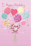 A whimsical birthday scene unfolds on this card, as if a joyful moment from Radlett life has been captured and suspended in the air. The backdrop is a calm blush pink, soft and comforting, allowing the pastel colours of the design to glow gently. From the lower centre, a bouquet of delicate flowers rises, gathered neatly as though hand-tied by a careful florist. Petite roses and anemone-like blossoms bloom in creamy ivory, blush pink, and gentle mauve, their petals appearing feathery and touchably soft. A violet satin bow holds the stems together, its sheen catching a hint of light. Above, balloons float upward with an easy, buoyant energy, as if they could drift over the rooftops near Radlett station. Each balloon is unique: some wrapped in candy-coloured stripes, others dotted with playful polka patterns, and one or two perhaps shaped more sweetly, radiating affection at the centre of the design. Their hues - sea green, soft yellow, lavender, and rose - echo the colours of the bouquet, creating a harmonious balance that feels tender and celebratory. Tiny stars and butterflies flutter through the space between flowers and balloons, adding a touch of fairy-tale magic, like birthday wishes carried on a light breeze. The overall feeling is bright yet gentle, capturing the essence of a birthday designed to feel personal and cherished, just like ordering a fresh bouquet for same-day delivery to someone special in Radlett and watching their face light up with surprise.