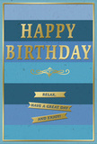 Displayed in the image is a stylish birthday card that blends serene blues with sophisticated gold, the kind of design you might choose for a relaxed celebration at home in Radlett. The card front is formed from broad, horizontal stripes that move gradually from a deep, almost midnight navy at the top through rich royal and denim tones, soft teal in the middle, and finally a pale, airy blue near the base. This gentle gradient feels calming and expansive, like watching the sky change colour over nearby fields at dusk. In the centre of this layered blue backdrop, the words HAPPY BIRTHDAY stand out in large, embossed gold capital letters. The metallic finish catches the light in a subtle way, suggesting a smooth, slightly raised texture that you could trace with your fingertips. Positioned directly beneath the greeting is a delicate gold flourish, its curling lines adding a small touch of vintage charm and separating the main message from the sentiment below. Underneath, three slim golden banners are neatly arranged one beneath the other. Each carries part of the friendly instruction, forming the full message Relax, have a great day and enjoy! as the eye moves down the card. Around the outer edge, a fine gold border frames the entire design, giving it a polished, gift-ready look. You can imagine this card propped beside a hand-tied bouquet on a table near Radlett High Street, the blues echoing the calmness of the occasion while the gold details bring just enough sparkle to make the birthday feel special, thoughtful, and warmly remembered.