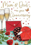 This illustrated anniversary card feels like a lovingly set table in a Radlett home, prepared to honour Mum & Dad with intimacy and style. In the centre, two slender champagne flutes stand close enough that their rims could almost touch, each filled with golden sparkling wine. The delicate bubbles rise in streams, catching the light in a way that suggests laughter and clinking glasses in a warm dining room near Radlett Station. Just in front of the flutes sits a heart-shaped box of chocolates, its deep red surface wrapped with a dramatic satin bow, the ribbon glossily folded and trailing in soft curves. The lid is open, showing a neat arrangement of chocolates inside, while a few individual pieces have been placed on the table, inviting shared indulgence.
Resting nearby, two vivid red roses are drawn with plush, layered petals that curl outward as if freshly opened that morning, their colour deep and romantic. The blooms are cradled by rich green foliage, the leaves adding texture and movement around the flowers like a bouquet chosen from a trusted local florist just off Watford Road. Around the main arrangement, scattered crimson and shimmering gold hearts dance across the background, framing a warm, hand-lettered message addressed to beloved parents. A classic scarlet envelope lies to one side, carefully sealed, quietly suggesting an affectionate note inside filled with memories and thanks. Gentle, amber-toned light bathes the scene, causing the glass, chocolates, and petals to glow softly. The effect is one of cosy celebration and enduring affection, evoking anniversaries where family gathers, toasts are raised, and love is savoured like fine chocolate and champagne.